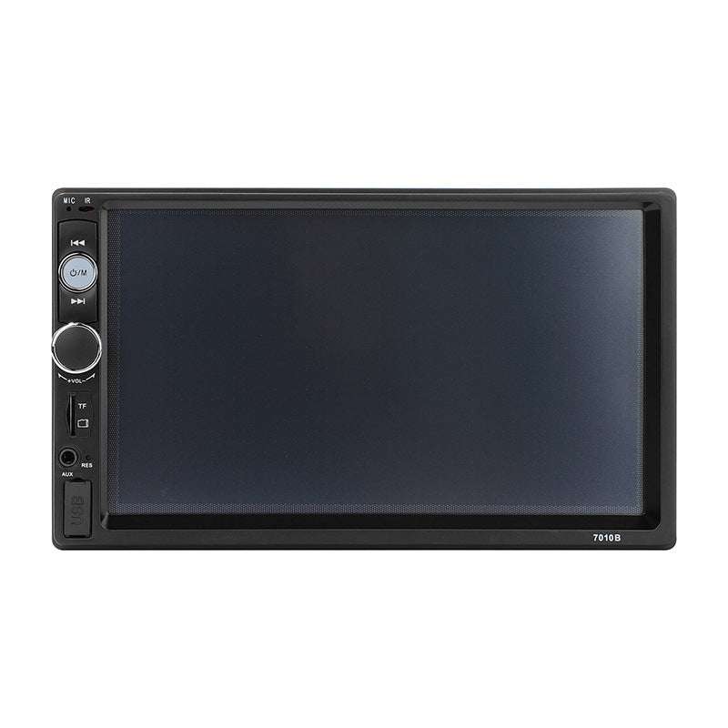 7-inch screen car MP5 player with 720P resolution, USB and SD card support, FM radio, infrared remote, and multiple audio-video outputs