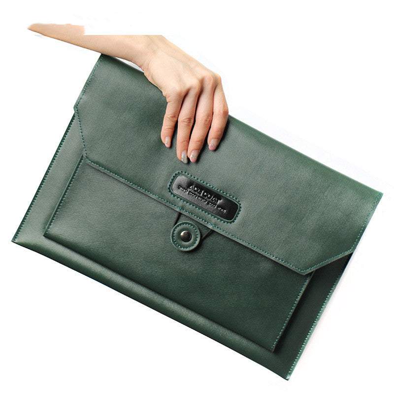 Green leather laptop computer bag 13 inch held in hand with button closure
