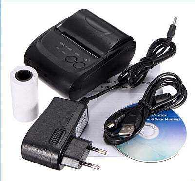 Portable Bluetooth thermal mini printer with power adapter, USB cable, and paper roll kit