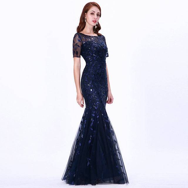 Navy blue temperament mermaid dress with sequin mesh embroidery and short sleeves, long fishtail skirt design