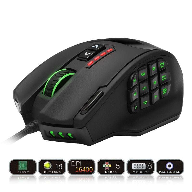 RGB backlit gaming mouse with 19 programmable buttons, 16,400 DPI, customizable LED colors, ergonomic design, and Avago sensor.
