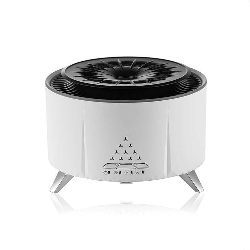 White remote control volcano humidifier diffuser with black top and timer settings on front