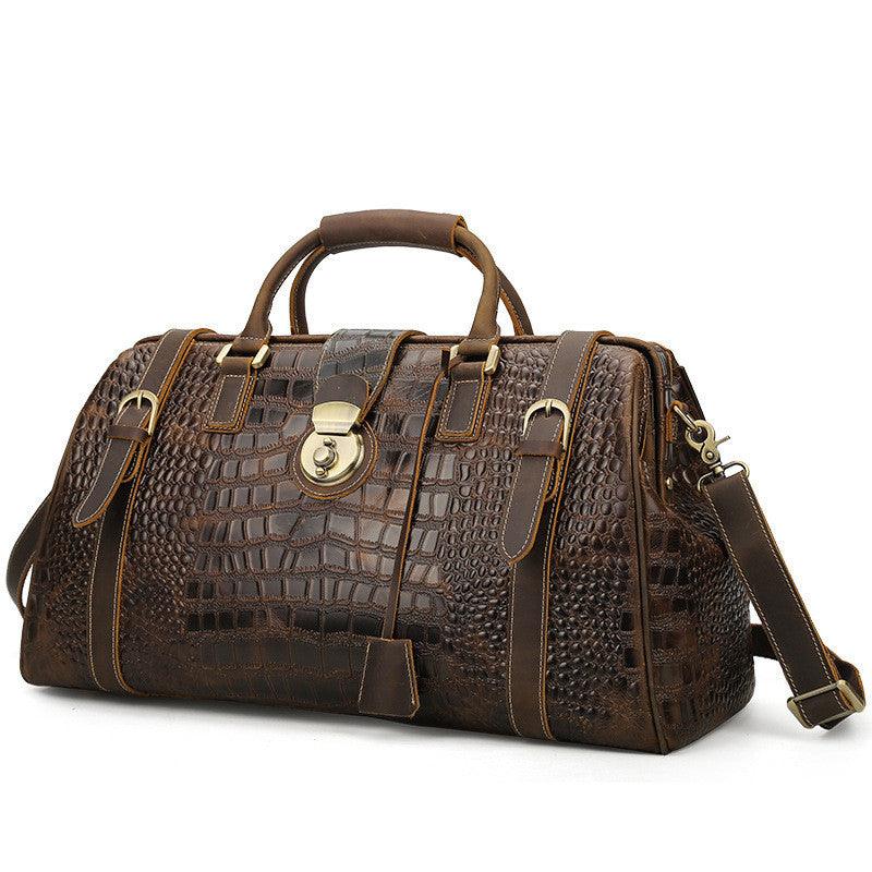 Trendy cowhide embossed leather travel bag for men with crocodile pattern in dark brown