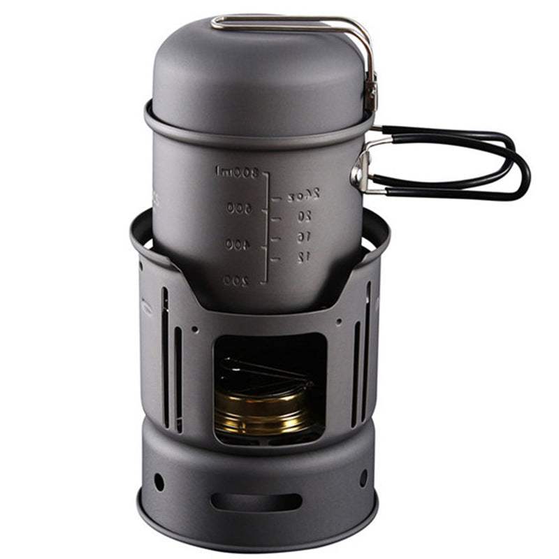 Compact black stainless steel small outdoor camping cookware set with pot, stand, and alcohol stove