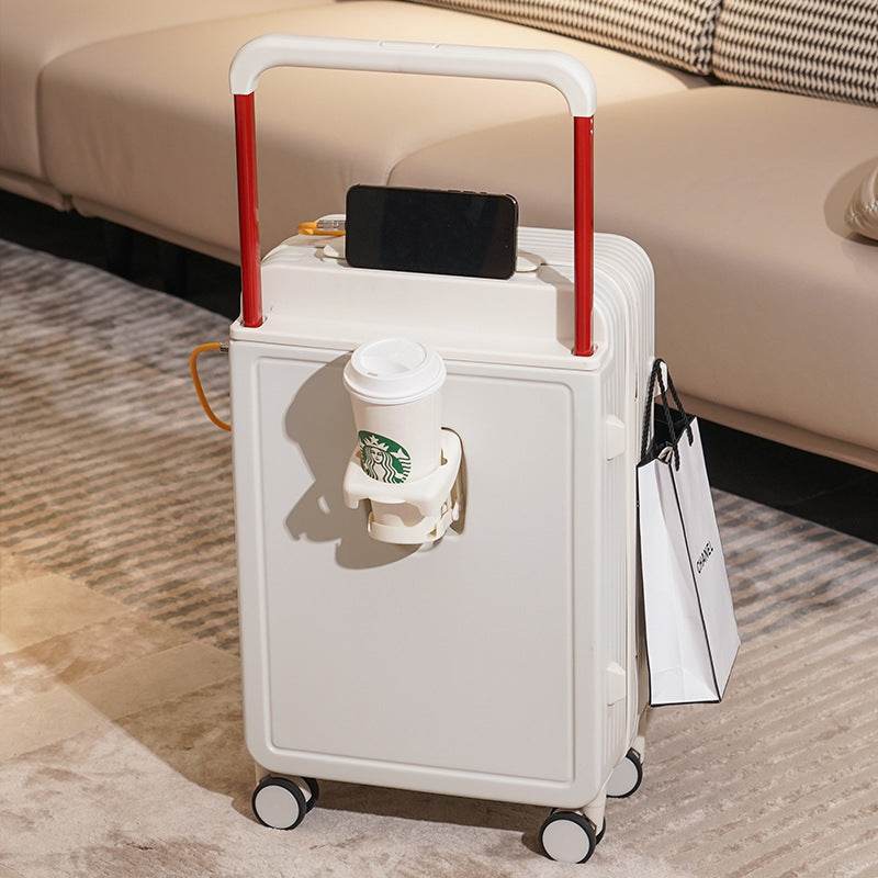 White draw-bar luggage with red handle, cup holder, and universal wheels for travel