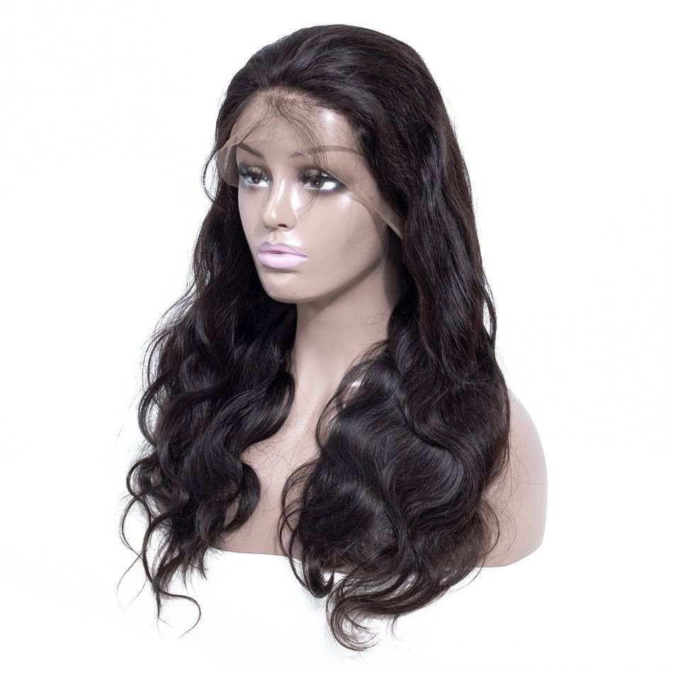 lace front human hair wig with long wavy dark brown hair on mannequin head