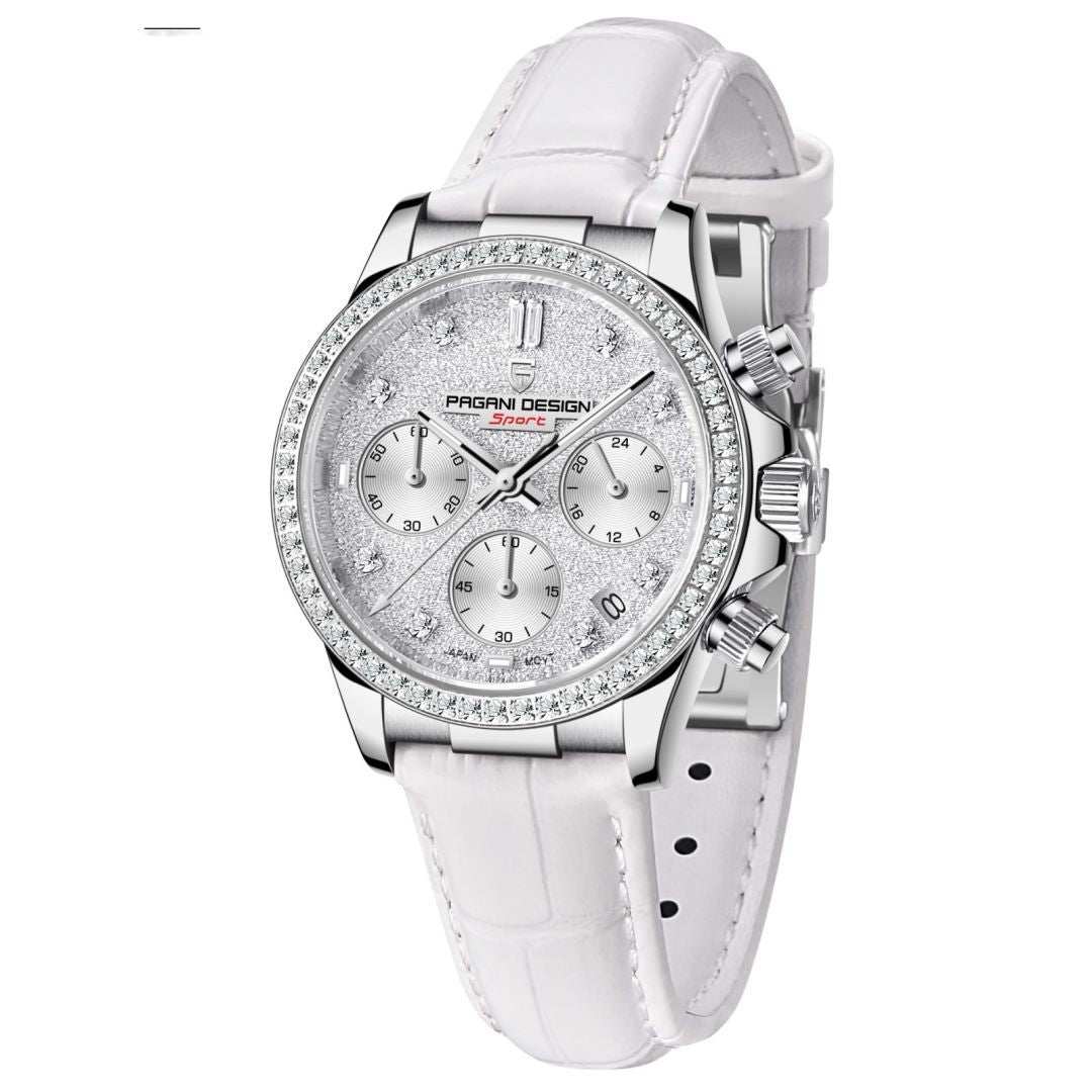 Fashion Diamond Calendar women's watch with sapphire crystal, white leather strap, and stainless steel buckle.
