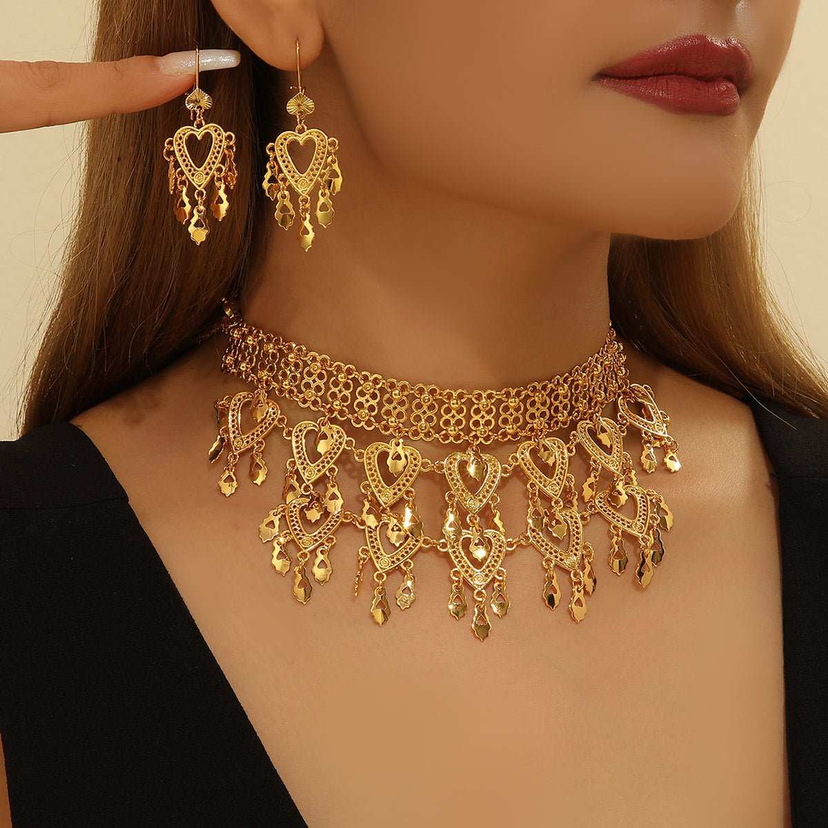 3pcs Fashionable Retro Luxury Heart - shaped Hollow Necklace Earrings Women's Set, Suitable For Party And Dance Gifts, Daily Wear - AMIR BAGS INDIA PRIVATE LIMITED