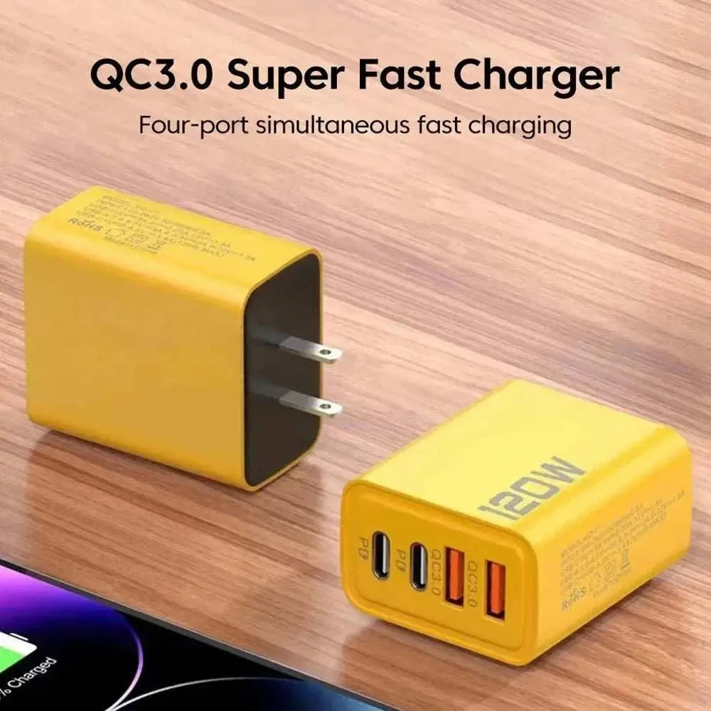 Yellow 4 port USB wall charger with QC3.0 super fast charging and 120W power output on wooden surface