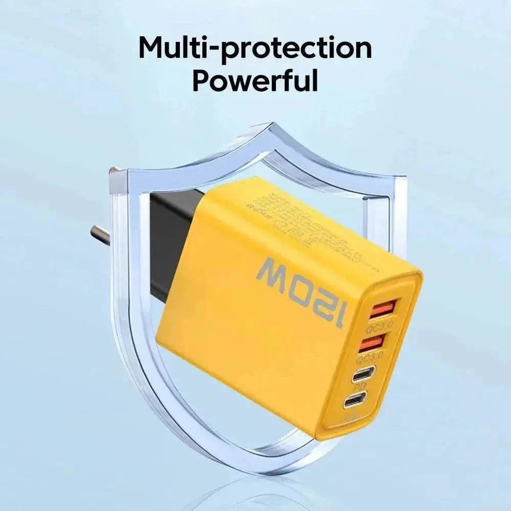 Yellow 4 port USB charger with 120W fast charging and multi-protection features against overcharging and overheating