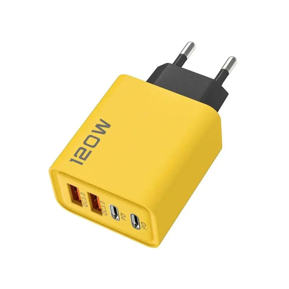 120W 4 port USB charger with Type-C fast charge, yellow compact phone adapter for iPhone Samsung Xiaomi Huawei devices