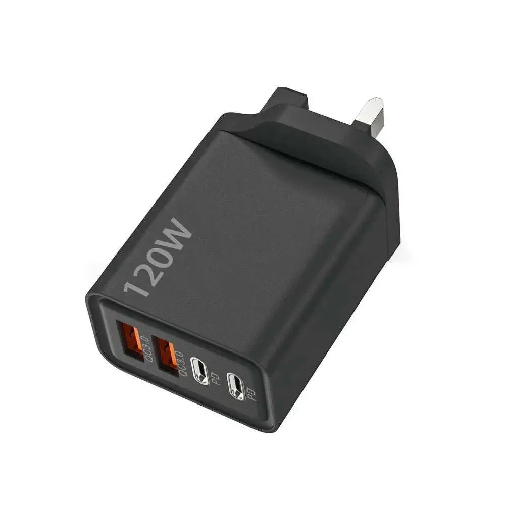 Black 4 port USB charger with 120W total power, including 2 USB and 2 Type-C PD fast charging ports, UK plug.