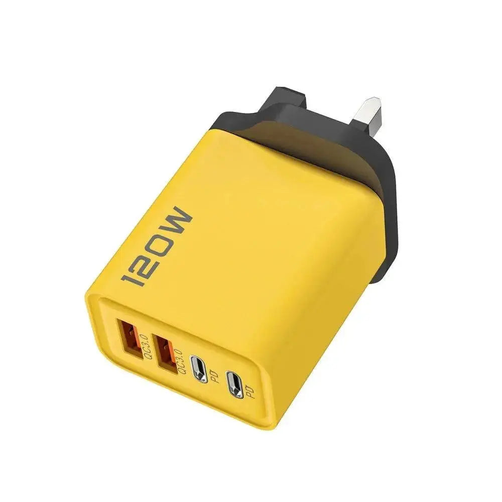 Yellow 4 port USB charger with 120W power and UK plug for fast charging mobile devices