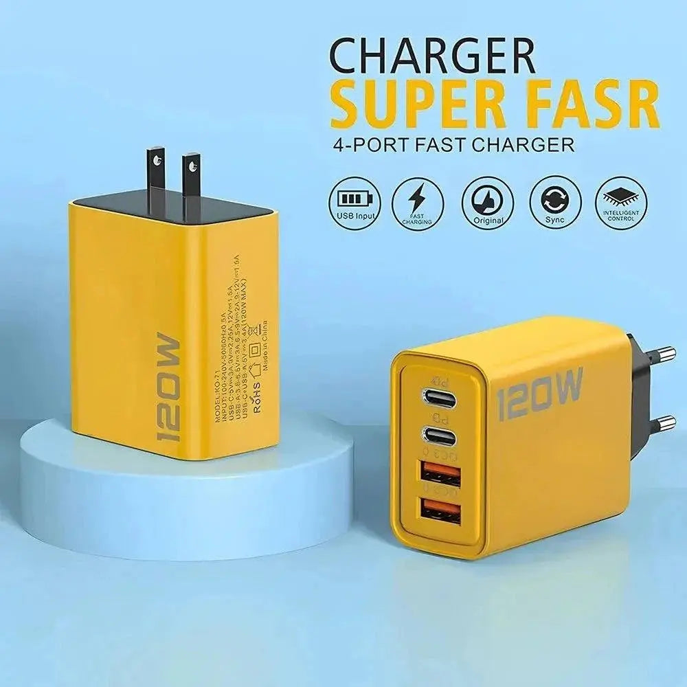 120W 4 port USB charger fast charging mobile phone adapter in yellow with two USB and two Type-C ports