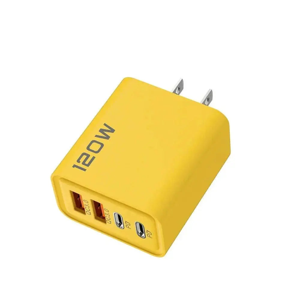 Yellow 4 port USB charger with 120W power and fast charging for multiple devices.