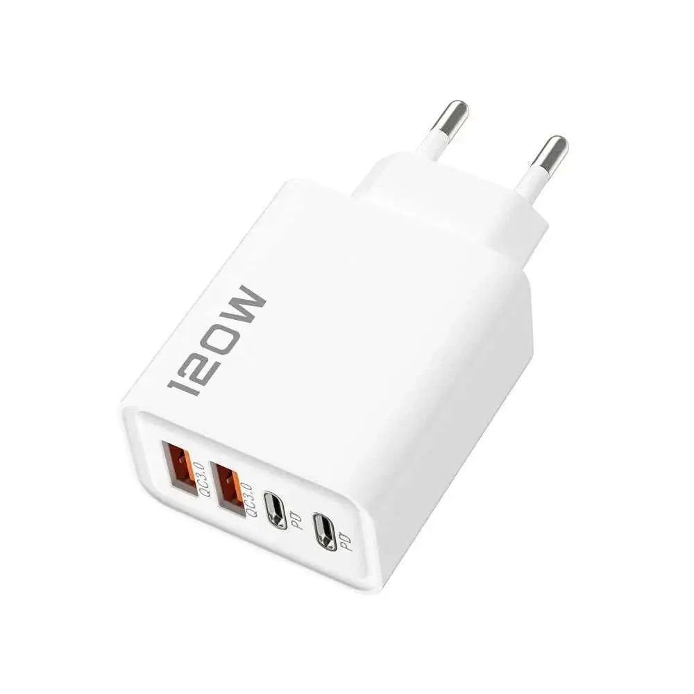 White 4 port USB charger 120W fast charging wall adapter with EU plug for iPhone Samsung Xiaomi Huawei