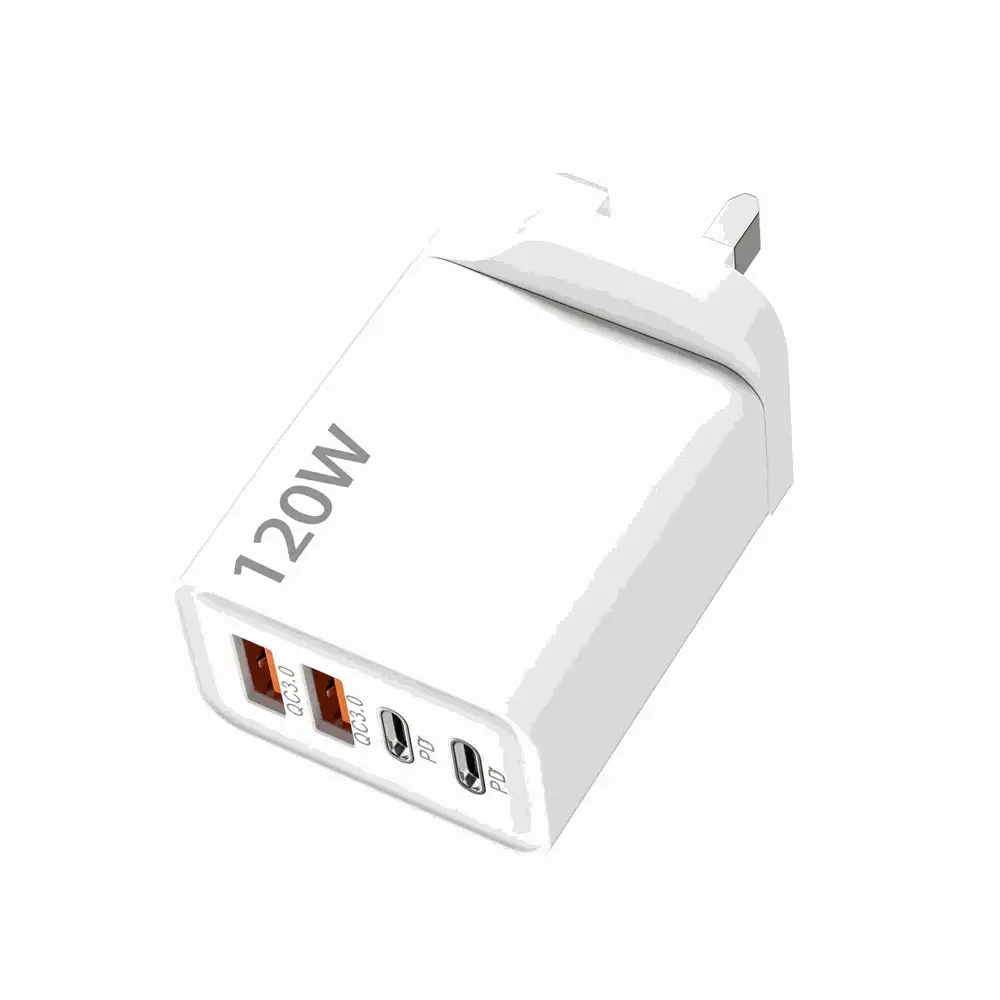 White 4 port USB charger with 120W power and UK plug for fast charging multiple devices
