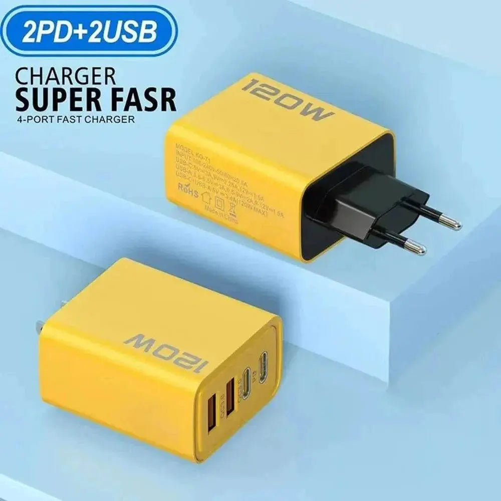 120W 4 port USB charger with 2 USB and 2 Type-C ports in yellow for fast charging mobile devices.