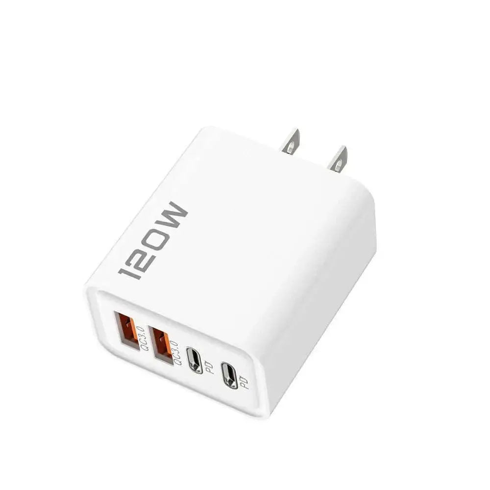 White 4 port USB charger with 120W power, including 2 USB and 2 Type-C PD fast charging ports for iPhone, Samsung, Xiaomi, and Huawei devices