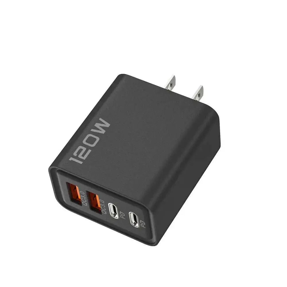 Black 4 port 120W USB charger with 2 USB and 2 Type-C PD fast charging ports.