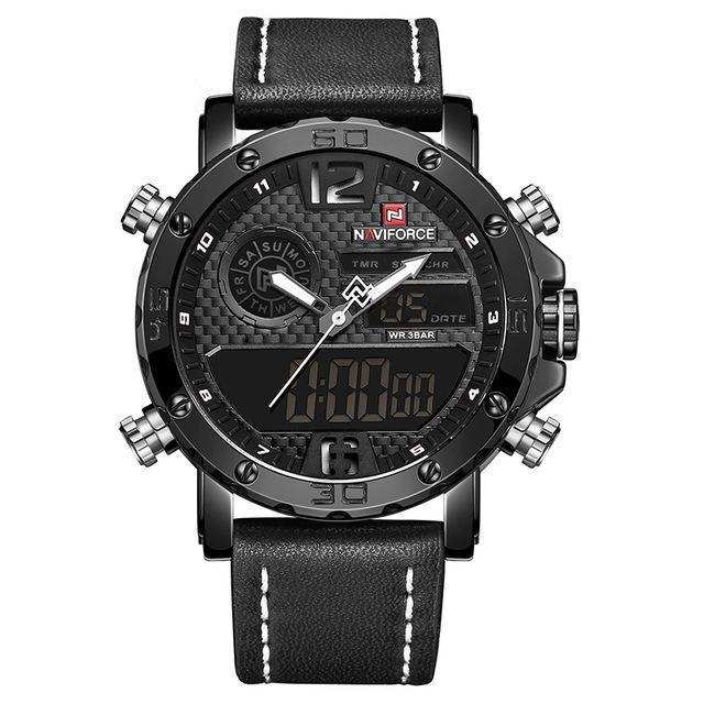 Naviforce collar NF9134 men's black leather strap watch with double movement and week display