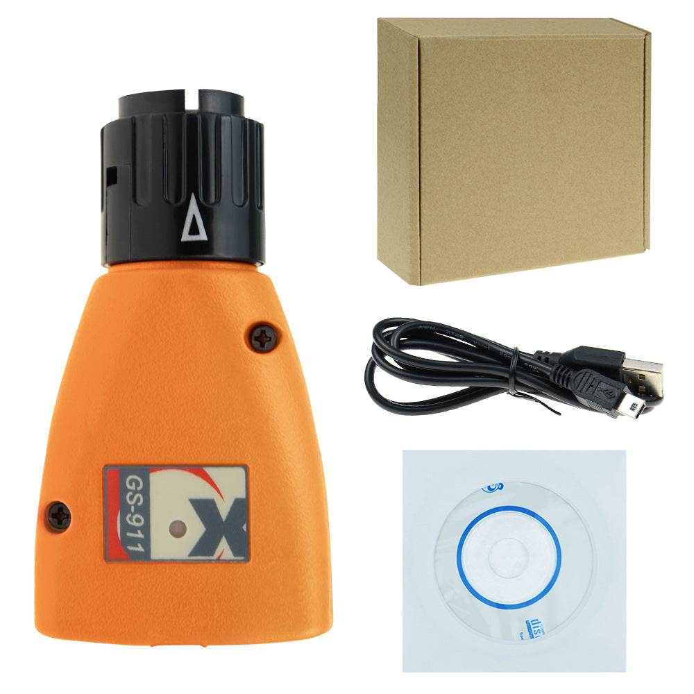 GS-911 V1006.3 Emergency Diagnostic Tool with orange diagnostic device, USB cable, software CD, and plain brown packaging box