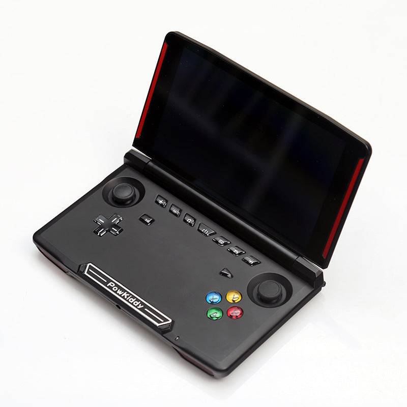 Black Android handheld game console with dual analog sticks, colorful buttons, D-pad, and flip-open 5.5-inch touchscreen display.