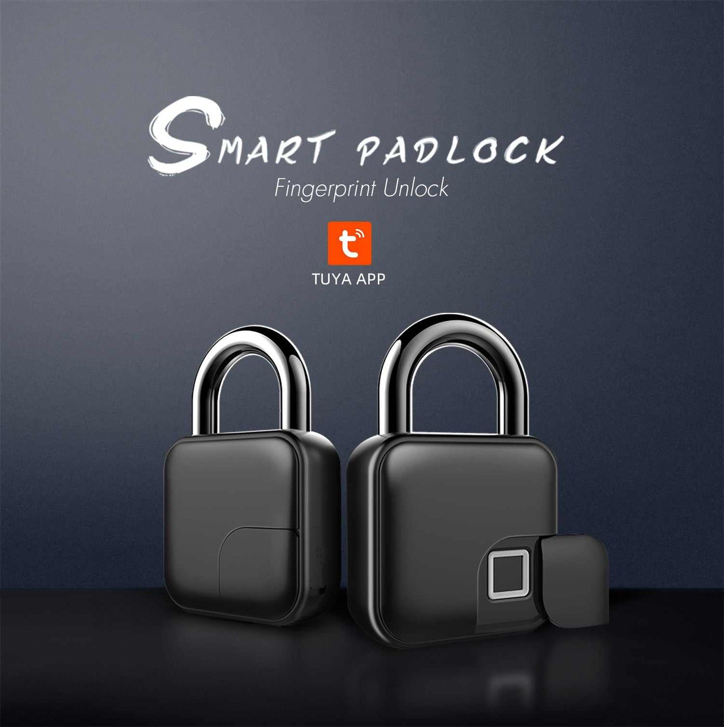 Black smart fingerprint padlock with Bluetooth and Tuya app for secure remote unlocking.