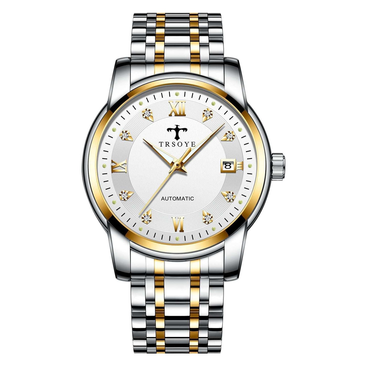 Waterproof automatic mechanical watch with silver and gold stainless steel band and white dial with date display