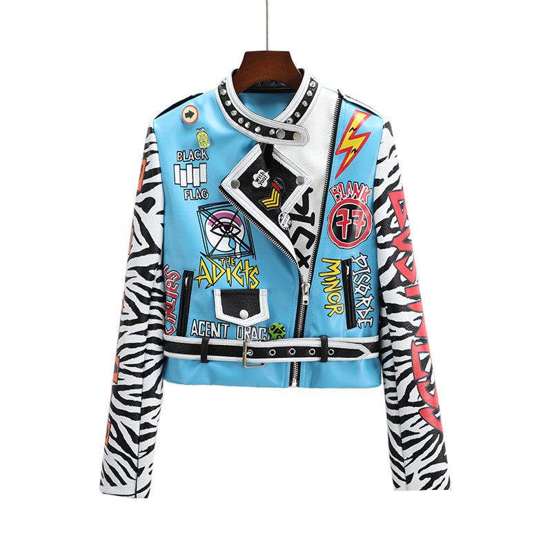 European and American women's blue punk-style imitation leather motorcycle jacket with graphic prints and zebra-patterned sleeves