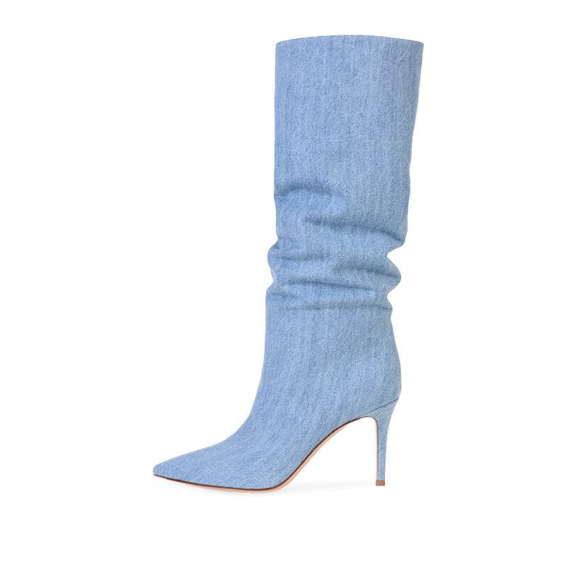 Women's fashion denim knee-high boot with super high heel and pointed toe
