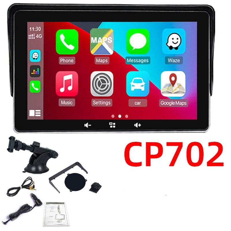 7-inch wireless CarPlay car display with suction cup, cigarette lighter interface, and mounting accessories