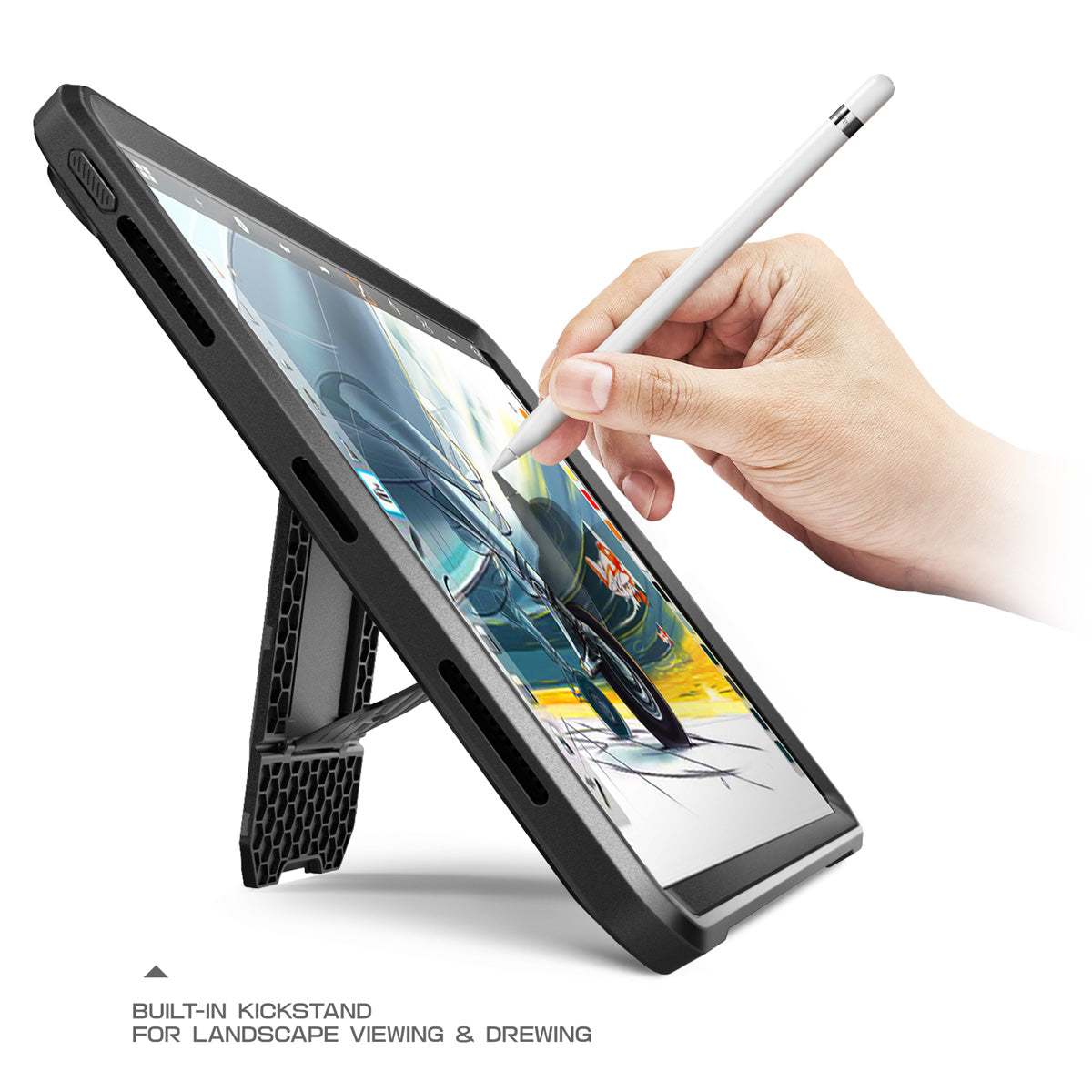 iPad Pro 12.9 case with built-in screen protector, kickstand, and Apple Pencil holder compatible with 2018 model