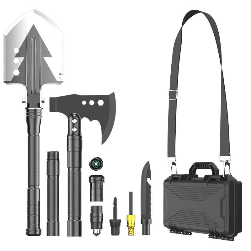 Multi-function outdoor camping equipment set with shovel, axe, knife, screwdriver, compass, and carrying case