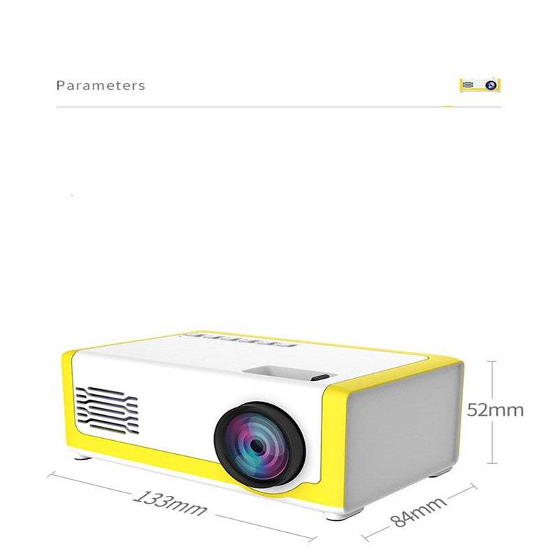 Compact yellow and white mini projector support 1080P with LED display and portable design showing dimensions 133mm x 84mm x 52mm for home theatre and mobile phone use