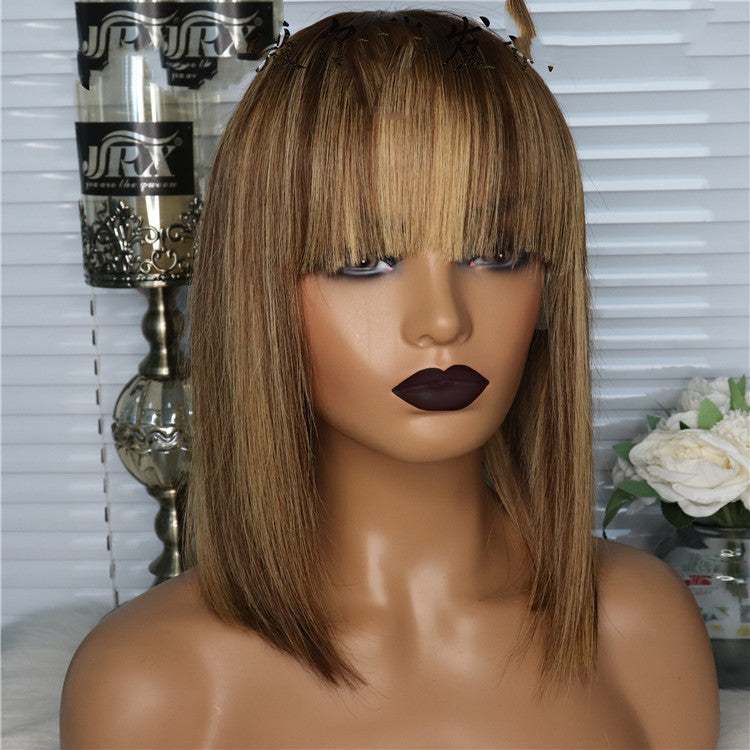 Short straight bob wig in piano color with bangs, made of real human hair
