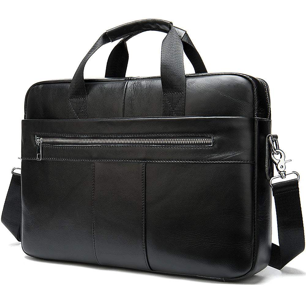 Black men's leather briefcase made of genuine cowhide with handles and detachable shoulder strap for business use