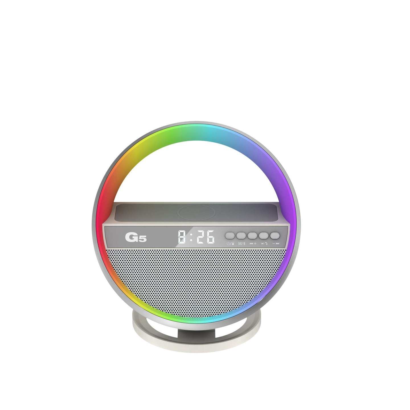 Multifunction RGB night light with wireless charger, Bluetooth speaker, and digital clock in a circular design