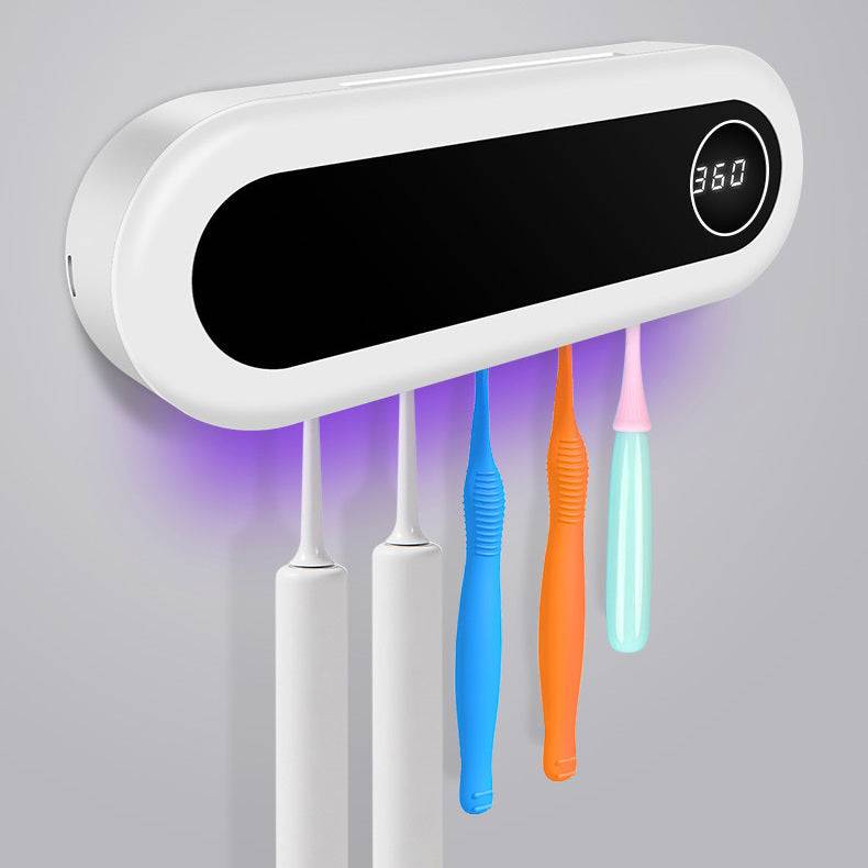 Wall mounted toothbrush holder with UV sterilizer, digital display, and capacity for five toothbrushes, white compact design