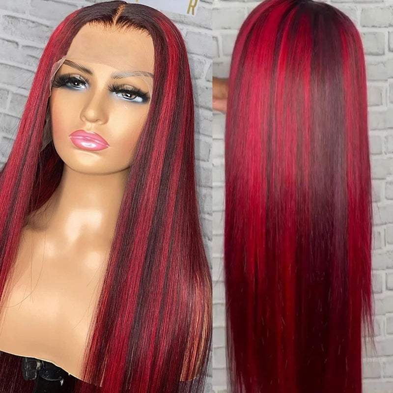 Real Hair Lace front wig with long straight red and black hair on mannequin head