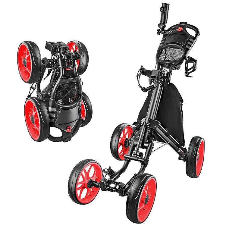 Foldable 4 wheels golf trolley with red and black aluminum frame for outdoor sports