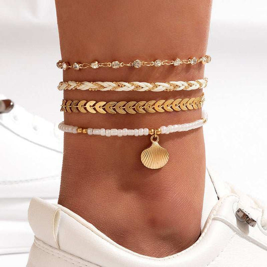 4pcs Set Bohemian Woven Rope Foot Chain For Men And Women Geometric Alloy Black Beads Dropping Oil Anklet Set Summer Fashion Jewelry - AMIR BAGS INDIA PRIVATE LIMITED