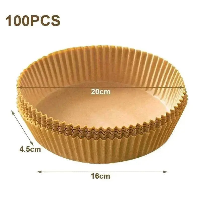Stack of 100 brown air fryer blotting paper liners measuring 20cm diameter and 4.5cm height, food grade and non-stick.