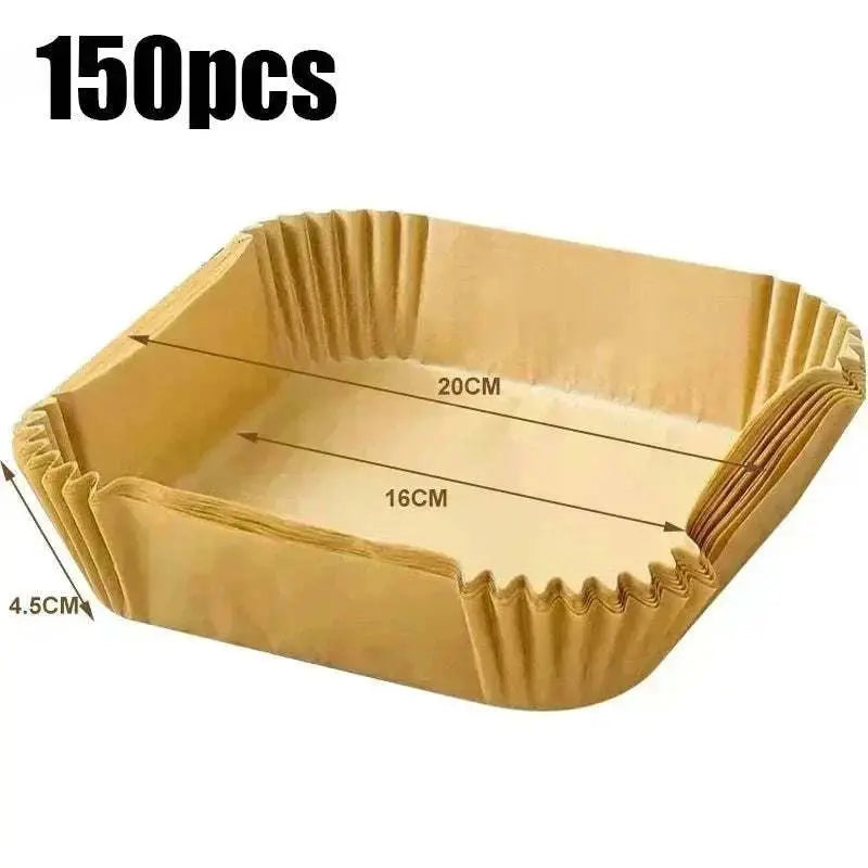 Stack of 150 air fryer blotting papers measuring 20cm by 16cm with 4.5cm height, food grade and non-stick.