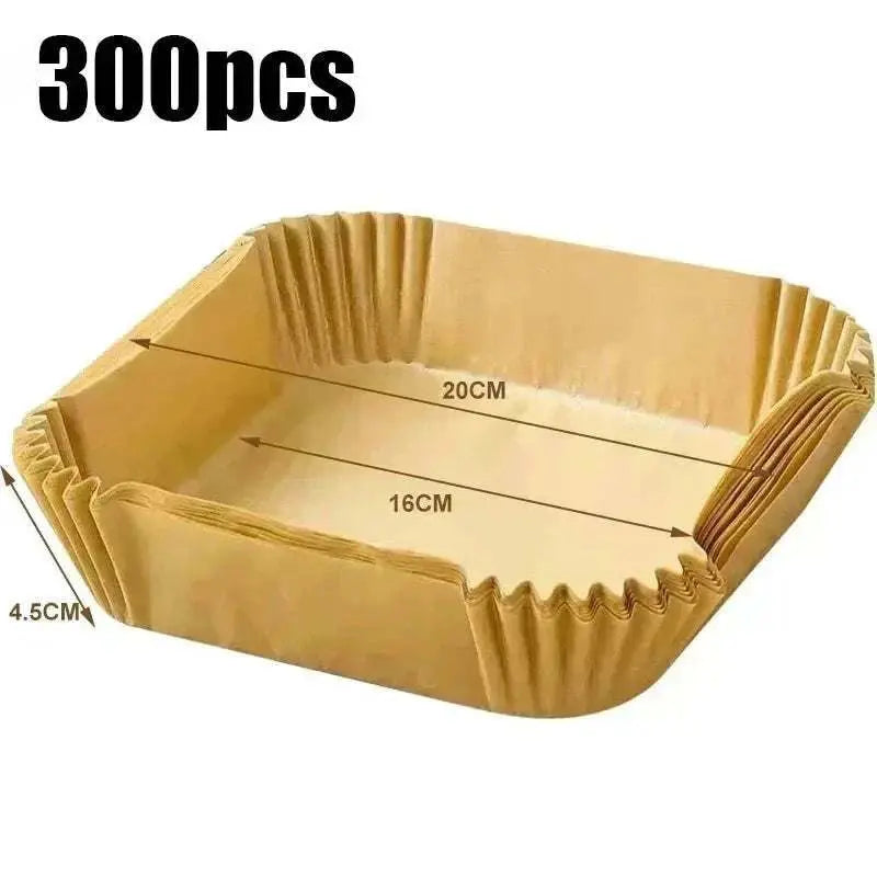 Stack of 300 pcs brown air fryer blotting papers measuring 20cm by 16cm by 4.5cm for non-stick cooking liner