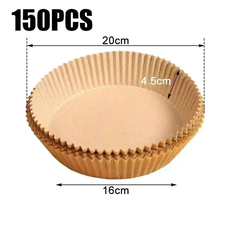Stack of 150 brown air fryer blotting papers measuring 20cm diameter and 4.5cm height for non-stick baking pads