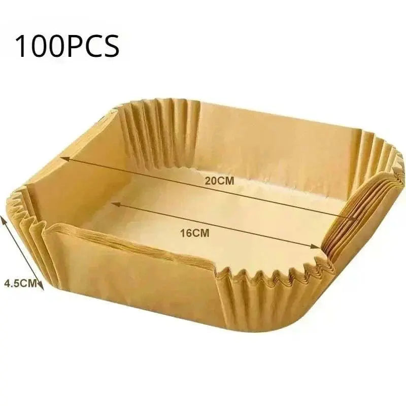 100PCS air fryer blotting paper liners measuring 20cm by 16cm with 4.5cm height, food grade and leakproof non-stick baking pads