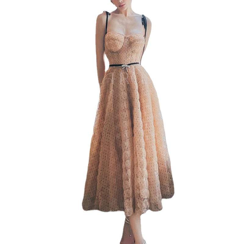 Elegant tall and slim drawstring dress with V-neck and high waist in off-white polyester fabric