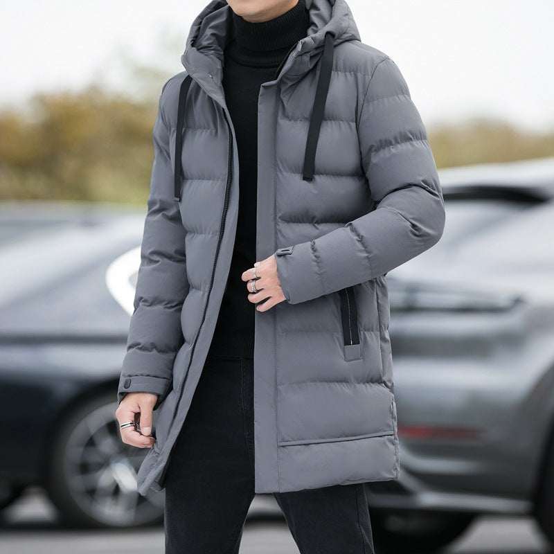 Men's long hooded jacket in silver gray, winter warm, windproof, polyester fabric, outdoor fashion coat