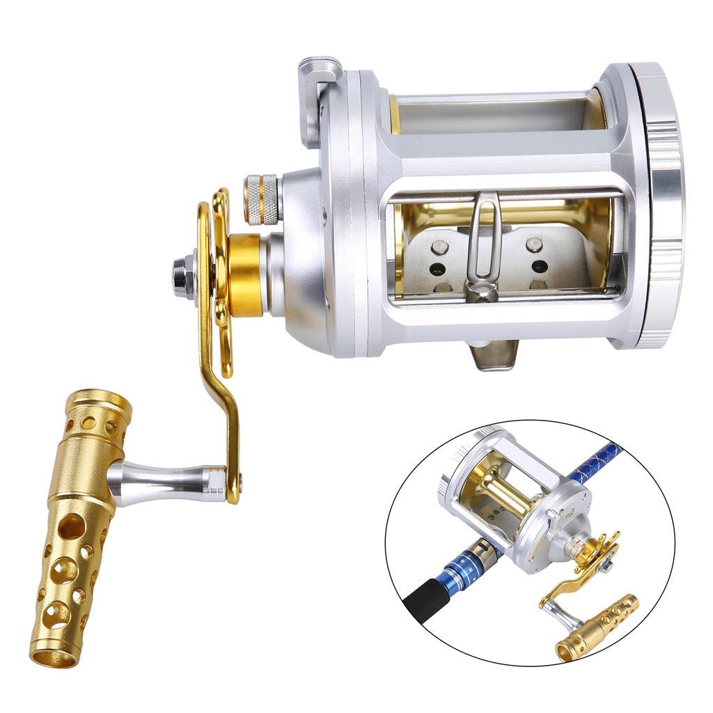Heavy duty metal sea fishing drum reel with brass gear system, gold handle, and large capacity spool for saltwater fishing.